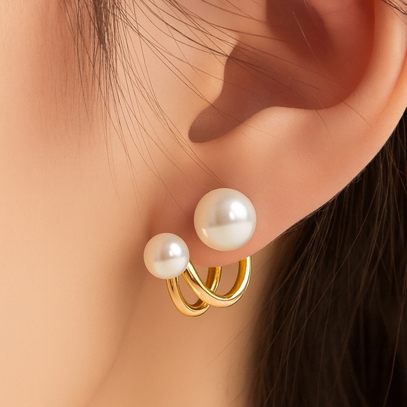 🆕️ 2-in-1 Dainty Gold Faux Pearl Earrings | Versatile Stud & Hugger Style 🌟 - Picture 1 of 12